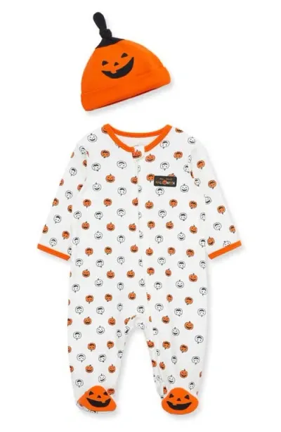 Little Me Kids'  Pumpkin Cotton Footie & Hat Set In Orange