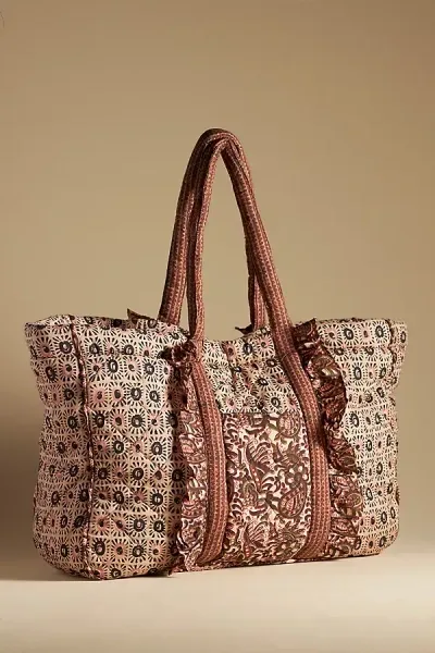 Llani Quilted Ruffle Tote In Brown