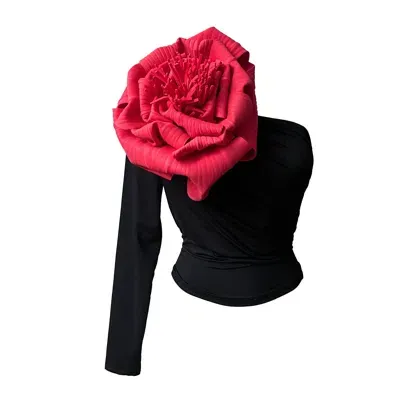 London Atelier Byproduct Women's Black One Sleeve Top With Red Flower Pin