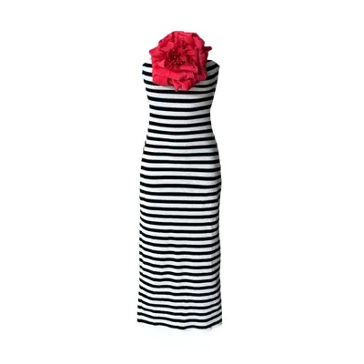 London Atelier Byproduct Women's Black / White / Red Strapless Ribbed Striped Tube Dress With Red Flower Pin In Black/white/red