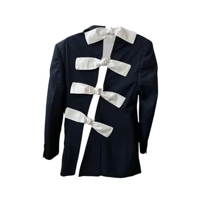 London Atelier Byproduct Women's Blue Navy Reworked Blazer With Back Cut Out & White Bows