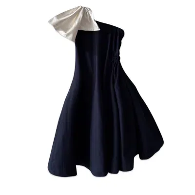 London Atelier Byproduct Women's Blue / White Navy Cloche Dress With One Shoulder White Bow In Blue/white