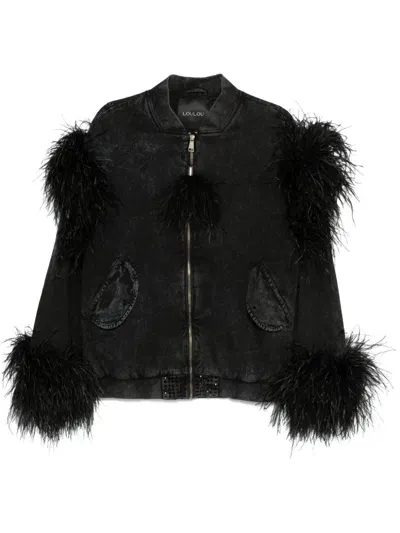 Loulou Feather-detail Denim Jacket In Black