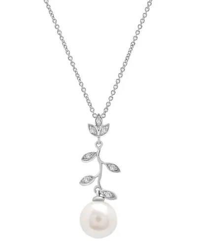 Macy's Cultured Freshwater Pearl (7mm) & Diamond (1/20 Ct. T.w.) Vine 18" Pendant Necklace In Sterling Silv In Silver