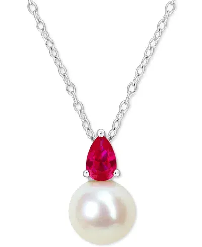 Macy's Cultured Freshwater Pearl (8-1/2mm) Birthstone 18" Pendant Necklace In 14k Gold-plated Sterling Silv In July,ruby