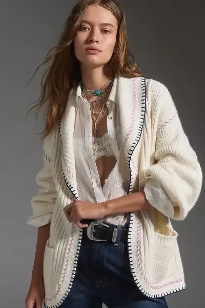 Maeve Collared Whipstitch Open Cardigan In White