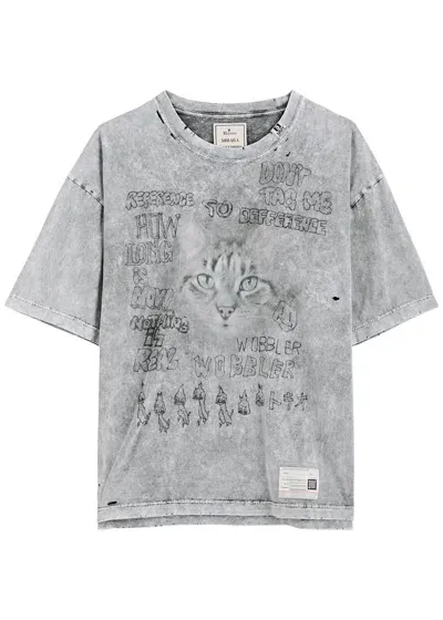 Maison Mihara Yasuhiro Cat Printed Distressed Cotton T-shirt In Grey