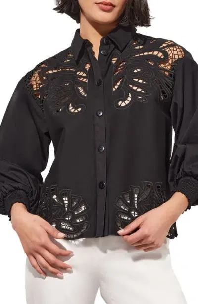 Ming Wang Scallop Trim Lace Button-up Shirt In Black