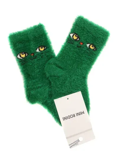 Mini Rodini Cat Face Fluffy Sock In Green