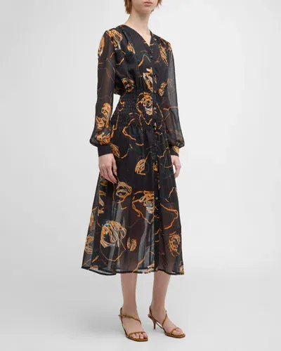 Misook Smocked Floral-print Chiffon Midi Dress In Black/ochre/multi