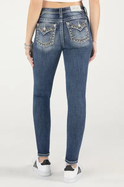 Miss Me Sparkling Star Stitch Border Skinny Jeans In Med/dark Wash