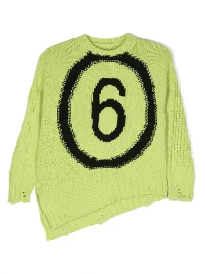 Mm6 Maison Margiela Kids' Logo Intarsia Ripped Jumper In Green