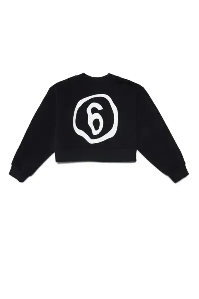 Mm6 Maison Margiela Kids' Mm6s53u Sweat-shirt Maison Margiela Black Cropped Crew-neck Cotton Sweatshirt With Fluid Effect Logo In Nero