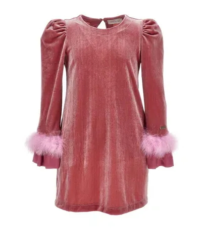 Monnalisa Kids' Velvet-effect Feather-detail Dress In Pink