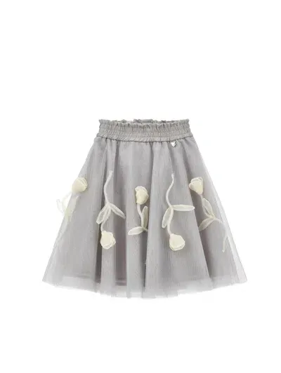 Monnalisa Kids'   Glitter Tulle Skirt With Bows In Pearl Grey  + Silver