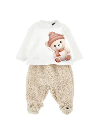 Monnalisa Babies'   Two-piece Set With Teddy Bear In Cream + Cream