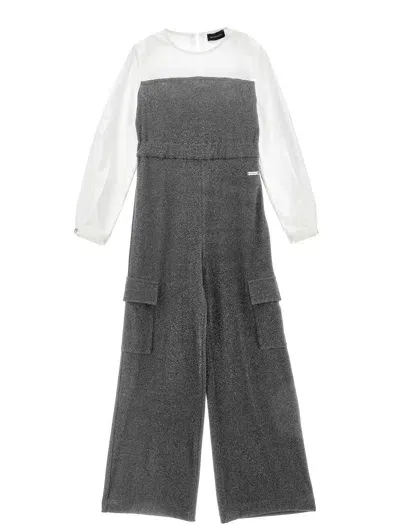 Monnalisa Kids'   Two-tone Glitter Jumpsuit In Grey + Cream