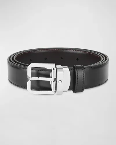 Montblanc Men's Rectangle-buckle Reversible Leather Belt In Black