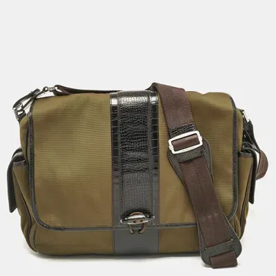 Pre-owned Montblanc Olive Green/brown Croc Embossed Leather And Nylon Nightflight Messenger Bag