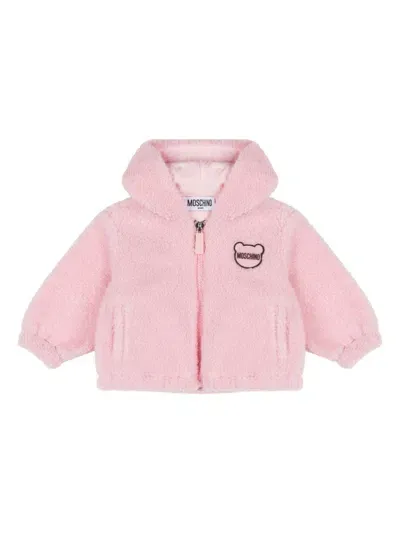 Moschino Babies' Faux-fur Hooded Zip-up Jacket In 粉色