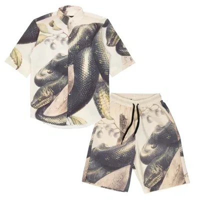 Mysimplicated Men's Neutrals Short Sleeve Shirt And Bermuda Set With Snake Design - Recycled Fabric In Beige