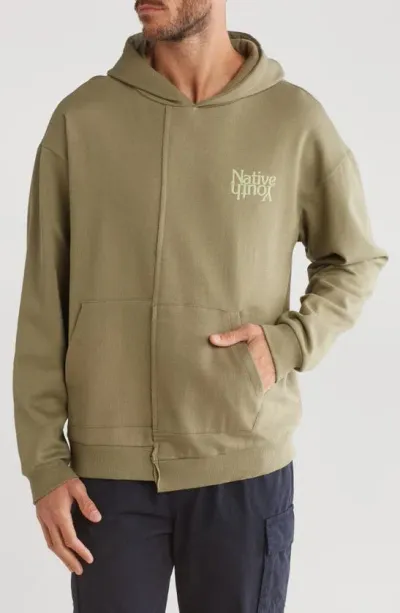 Native Youth Split Asymmetric Logo Hoodie In Green