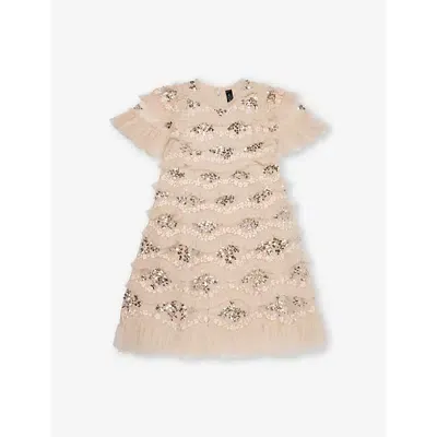 Needle & Thread Kids' Garland Ribbon Dress In Dust Beige/ Silver