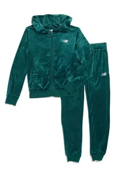 New Balance Kids' Velour Full Zip Hoodie & Joggers Set In Nightwatch Green