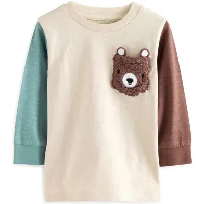 Next Kids' Bear Appliqué Colorblock Long Sleeve Cotton Graphic T-shirt In Grey