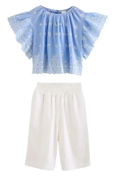 Next Kids' Flutter Sleeve Top & Crop Pants Set In Blue White