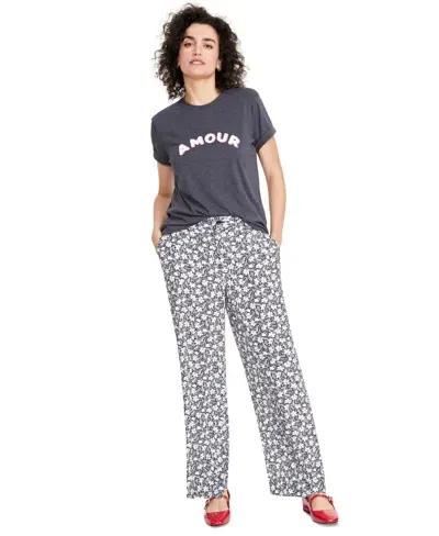 On 34th Women's Printed Wide-leg Pants, Created For Macy's In Deep Black Cmb