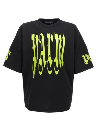 Palm Angels Back Gothic Palm Cotton T-shirt In Black,lime