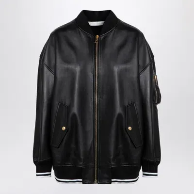 Palm Angels Black Leather College Bomber Jacket