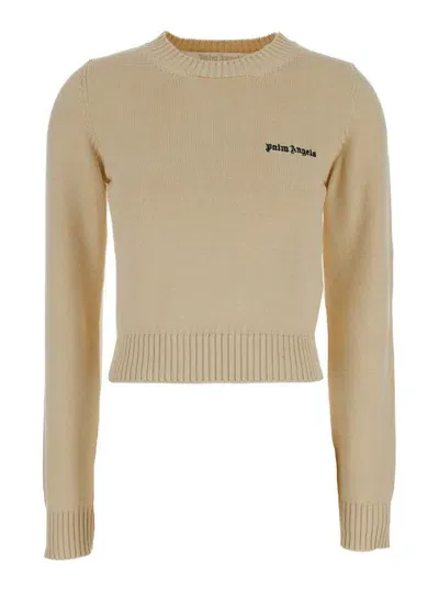 Palm Angels Cream White Crewneck Sweater With Embroidered Logo In Cotton Woman In Brown