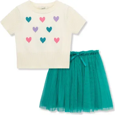 Peek Aren't You Curious Babies'  Kids' Heart Sweater & Tulle Skirt In Turquoise