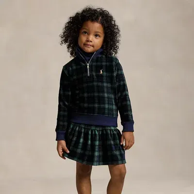 Polo Ralph Lauren Kids' Plaid Tiered Velour Skirt In Blackwatch W/ Pink Stripe