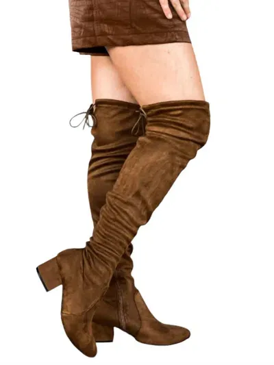 Qupid Suede Back Tie Over The Knee Boots In Coffee In Brown