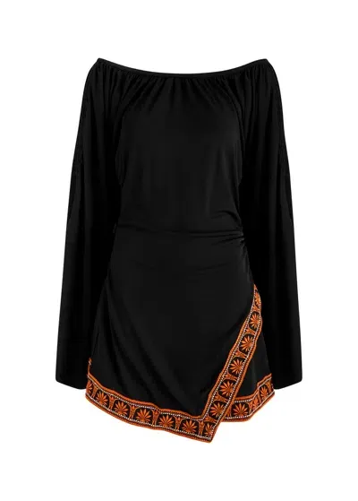 Rabanne Off-the-shoulder Embroidered Mini Dress In Black