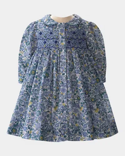 Rachel Riley Kids' Girl's Blossom-print Smocked Button-front Dress W/ Bloomers In Blue