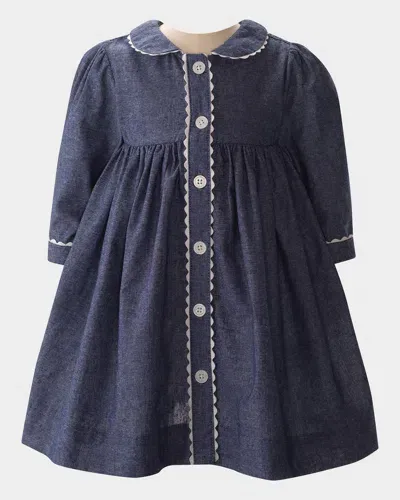 Rachel Riley Kids' Girl's Chambray Long Sleeve Button-front Dress & Bloomers In Navy