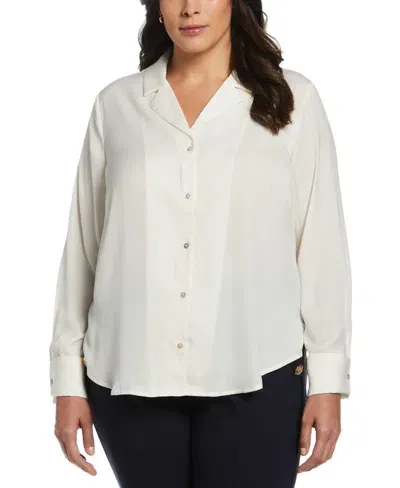 Rafaella Plus Size Notch Collar Silk Long Sleeve Button-down Blouse In Star White