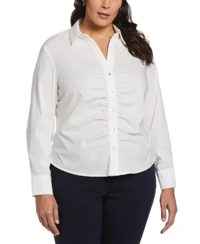 Rafaella Plus Size Ruched Front Poplin Long Sleeve Button-down Shirt In White