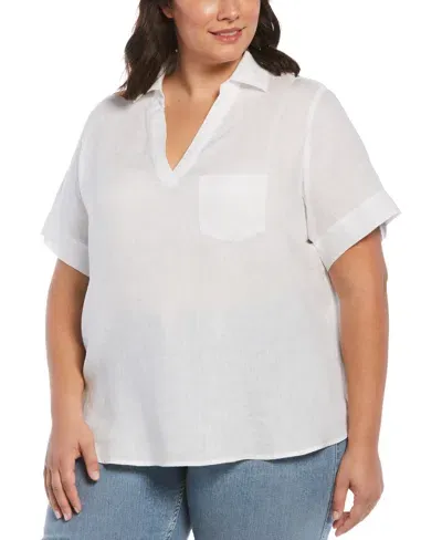 Rafaella Plus Size Split Neck Short Sleeve Linen Top In White