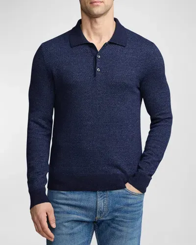 Ralph Lauren Purple Label Men's Cashmere-linen Polo-collar Sweater In Navy