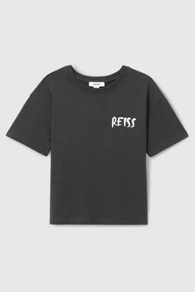 Reiss Kids' Washed Black Abbott 100% Cotton Logo Print Crew Neck T-shirt