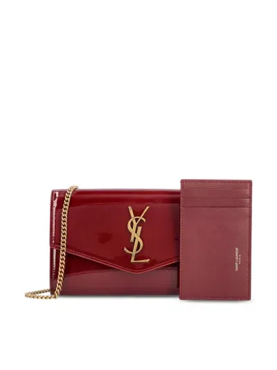 Saint Laurent Logo Plaque Foldover Top Wallet In Red Grenat/red Gren