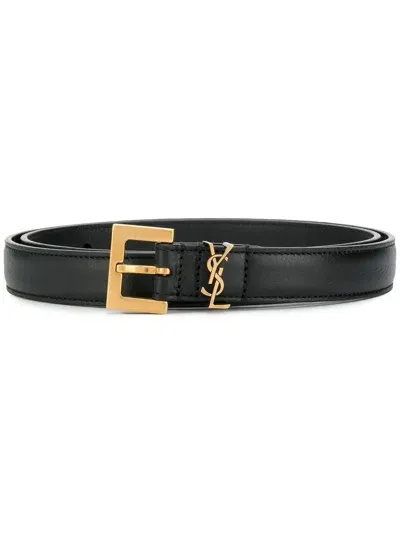 Saint Laurent Elegant Thin Calfskin Belt With Bronze-tone Buckle, 2cm In Black