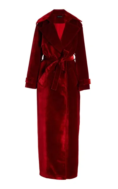 Sergio Hudson Oversized Double-breasted Velvet Trench Coat In Red