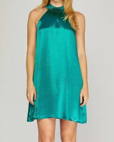 She + Sky Smocked Halter Neck Satin Dress In Emerald In Gold