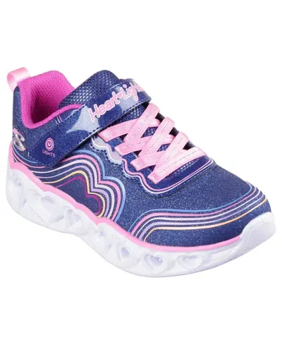 Skechers Kids' Little Girls Heart Lights-retro Hearts Light-up Fastening Strap Casual Sneakers From Finish Line In Navy,multi